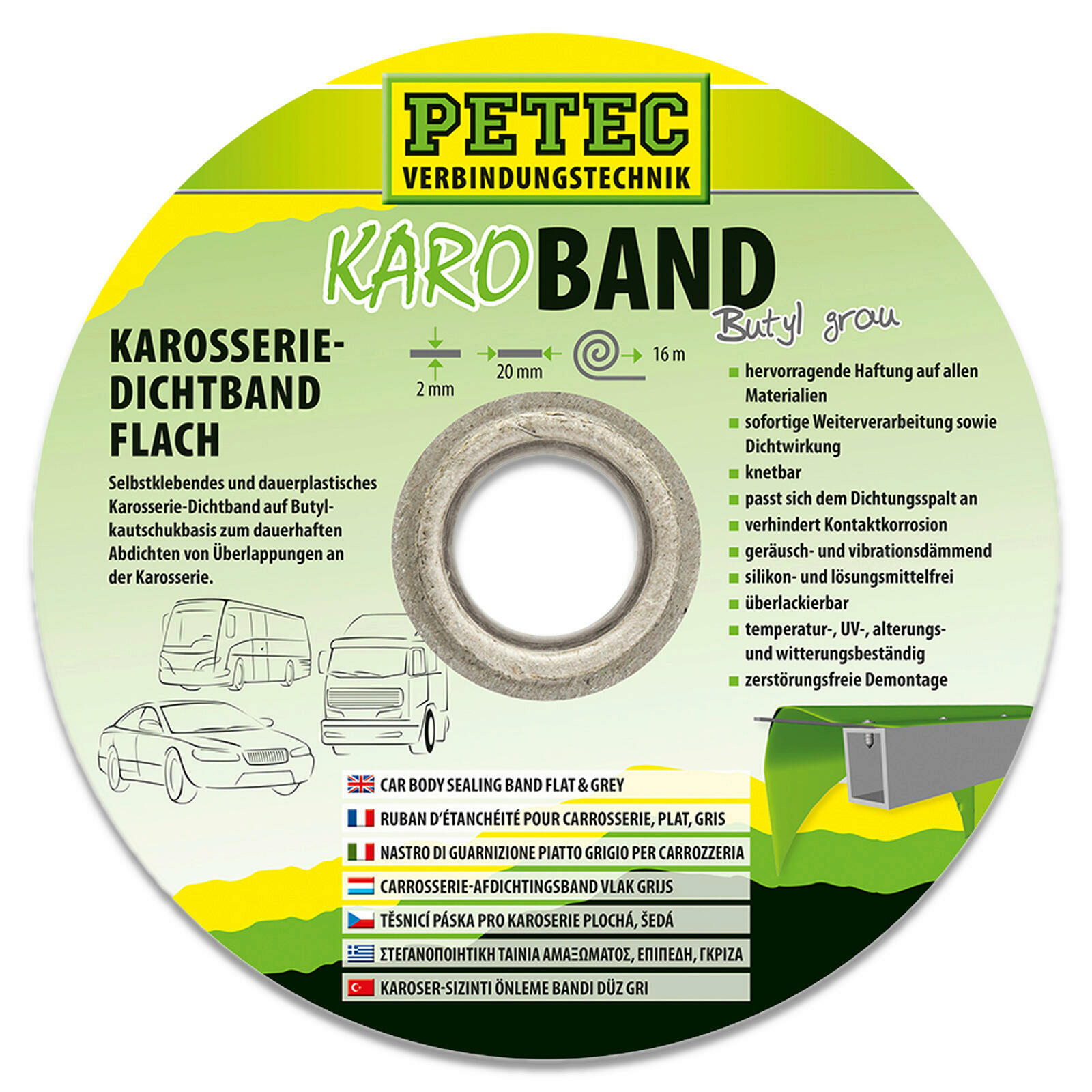 2x 2 mm x 20 mm x 16 m Petec 87520 KARO Dichtband Knetmasse Karosseriedichtband