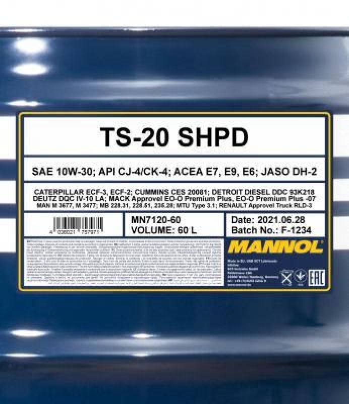 60L Mannol TS-20 SHPD Motor&ouml;l 10W-30 API CJ-4 ACEA E9 MN7120-60